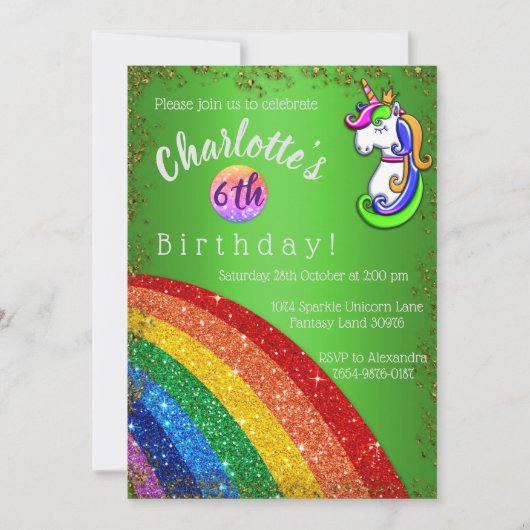 Glitter Rainbow Green Unicorn Birthday Uitnodiging (Voorkant)