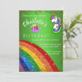 Glitter Rainbow Green Unicorn Birthday Uitnodiging (Staand voorkant)