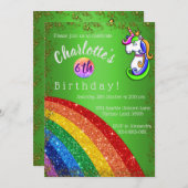 Glitter Rainbow Green Unicorn Birthday Uitnodiging (Voorkant / Achterkant)