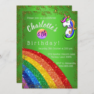 Glitter Rainbow Green Unicorn Birthday Uitnodiging