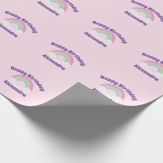Glitter Rainbow Happy Birthday op Roze Cadeaupapier (Hoek)