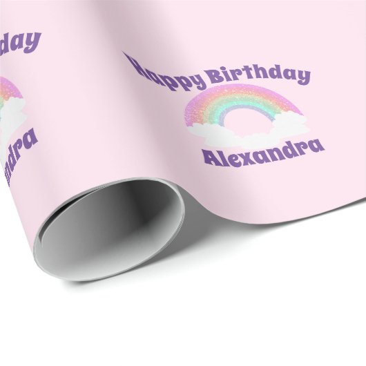 Glitter Rainbow Happy Birthday op Roze Cadeaupapier (Rol Hoek)