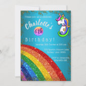 Glitter Rainbow Light Blue Unicorn Birthday Kaart (Voorkant)