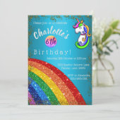 Glitter Rainbow Light Blue Unicorn Birthday Kaart (Staand voorkant)
