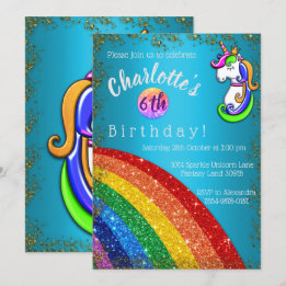 Glitter Rainbow Light Blue Unicorn Birthday Kaart
