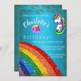 Glitter Rainbow Light Blue Unicorn Birthday Kaart