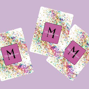 Glitter Rainbow Naam Monogram Girly Pink Pokerkaarten