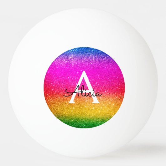 Glitter Rainbow Paarse Gele Monogram Pingpongbal (Achterkant)