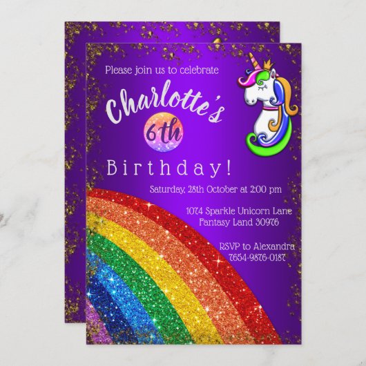 Glitter Rainbow Paarse Unicorn Birthday Kaart (Voorkant / Achterkant)