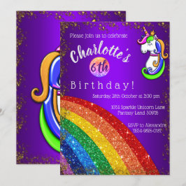 Glitter Rainbow Paarse Unicorn Birthday Kaart