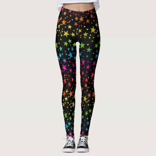 Glitter Rainbow Star Pattern Gay Pride Chic Black Leggings (Voorkant)