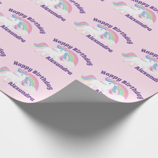 Glitter Rainbow Unicorn Birthday op Roze Cadeaupapier (Hoek)