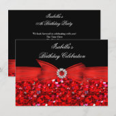 Glitter Red Diamond Bow Black Birthday Party Kaart (Voorkant / Achterkant)