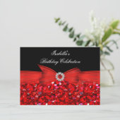 Glitter Red Diamond Bow Black Birthday Party Kaart (Staand voorkant)