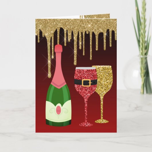 Glitter Red en Gold Champagne Glasses Kerstmis Feestdagen Kaart (Voorkant)