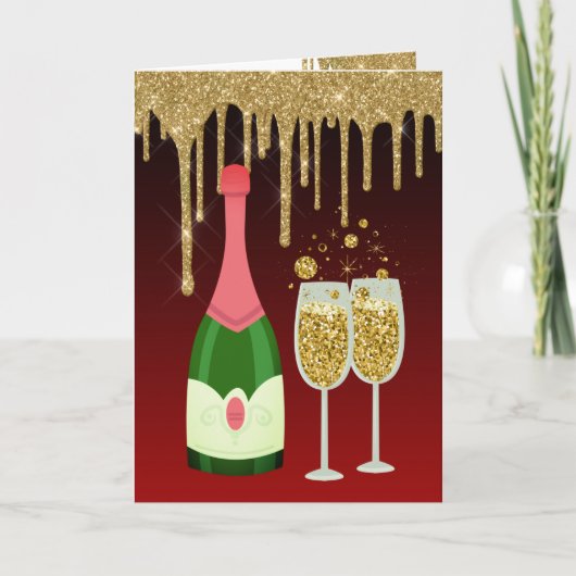 Glitter Red en Gold Champagne Nieuwjaar Feestdagen Kaart (Voorkant)