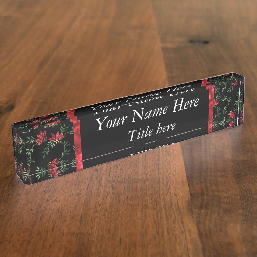 Glitter Red Flowers op Black Naambordje (Zijkant)