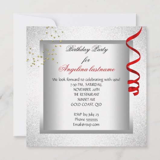 Glitter Red Glamor Night Silver Drinken Party Kaart (Achterkant)