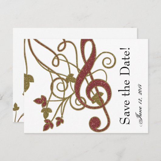 Glitter Red Gold Music Bewaar de datum Aankondigingskaart (Voorkant / Achterkant)