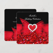 Glitter Red Heart Bow Black Birthday Party Kaart (Voorkant / Achterkant)