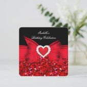 Glitter Red Heart Bow Black Birthday Party Kaart (Staand voorkant)