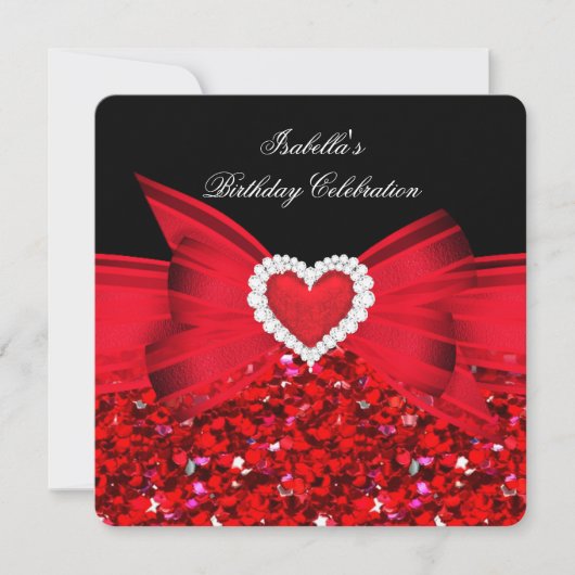 Glitter Red Heart Bow Black Birthday Party Kaart (Voorkant)