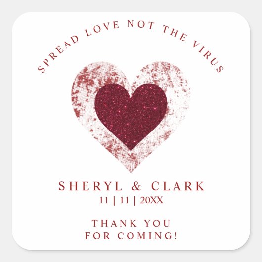 Glitter Red Heart Pandemic Wedding Spread Love Vierkante Sticker (Voorkant)