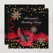 Glitter Red High Heels Black Birthday Party Kaart (Voorkant / Achterkant)