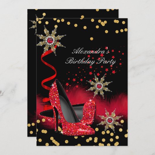 Glitter Red High Heels Black Birthday Party Kaart (Voorkant / Achterkant)