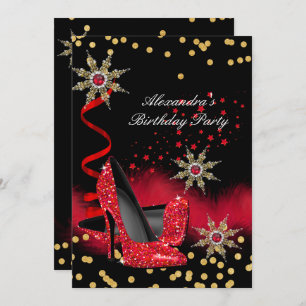 Glitter Red High Heels Black Birthday Party Kaart