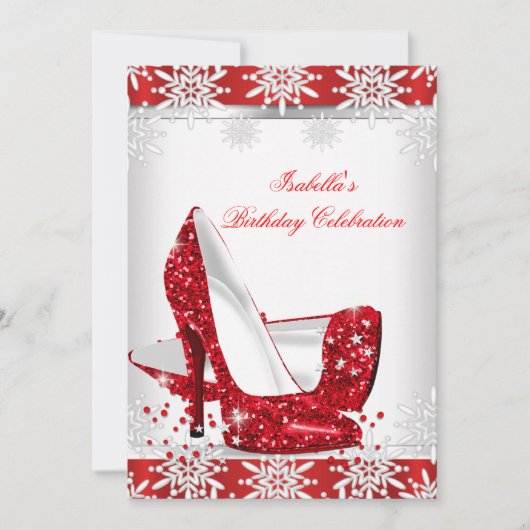 Glitter Red High Heels White Snowflakes Birthday Kaart (Voorkant)