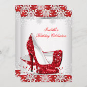 Glitter Red High Heels White Snowflakes Birthday Kaart (Voorkant / Achterkant)
