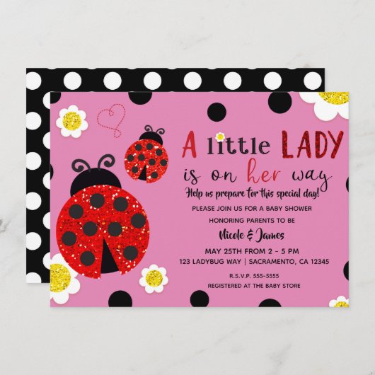 Glitter Red Ladybug Yellow Flowers Baby shower Inv Kaart (Voorkant / Achterkant)