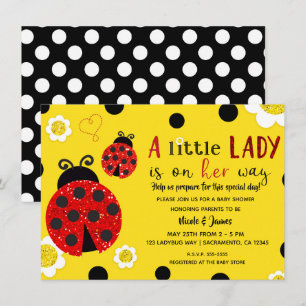 Glitter Red Ladybug Yellow Flowers Baby shower Inv Kaart
