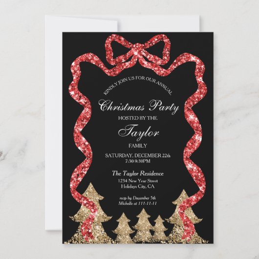 Glitter Red Ribbon Krans Kerstdiner Party Kaart (Voorkant)