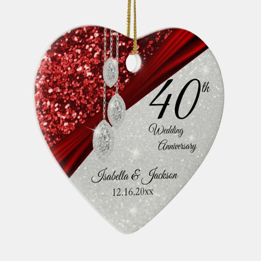 Glitter Red Ruby en Diamond 40ste Jubileum 💕 Keramisch Ornament (Rechts)