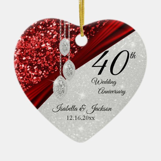 Glitter Red Ruby en Diamond 40ste Jubileum 💕 Keramisch Ornament (Voorkant)