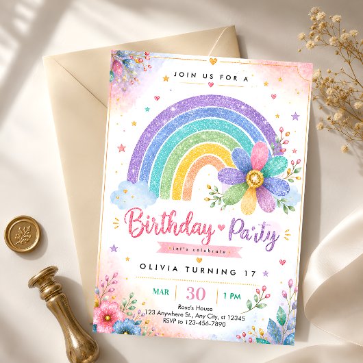 Glitter Regenboog 17e Verjaardag Kaart