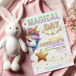 Glitter regenboog eenhoorn eerste verjaardagsuitno kaart