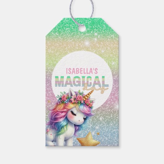 Glitter regenboog eenhoorn magisch cadeaulabel (Voorkant)