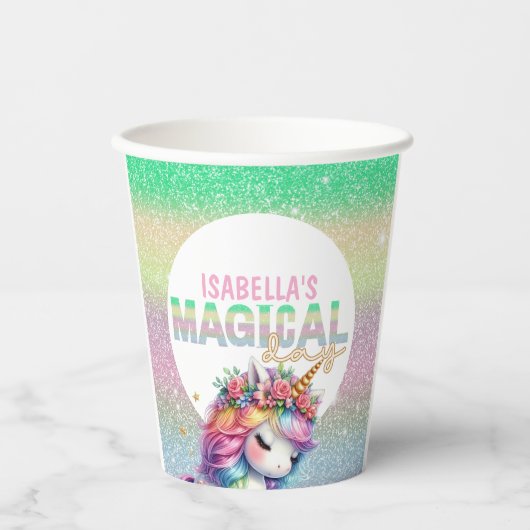 Glitter regenboog eenhoorn magisch papieren bekers (Voorkant)