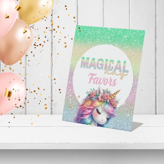 Glitter regenboog eenhoorn magisch reclamebord met voetstuk