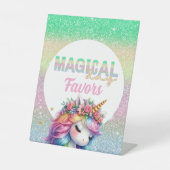 Glitter regenboog eenhoorn magisch reclamebord met voetstuk (Voorkant)