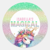 Glitter regenboog eenhoorn magisch ronde sticker (Voorkant)