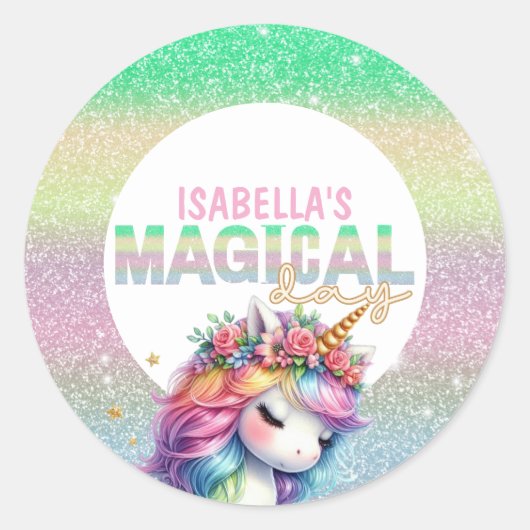 Glitter regenboog eenhoorn magisch ronde sticker (Voorkant)