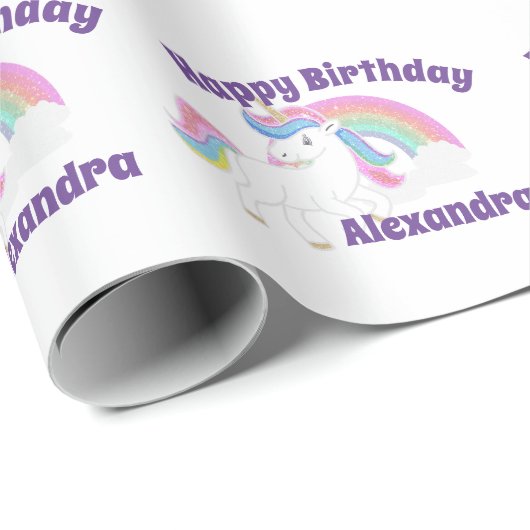 Glitter Regenboog Eenhoorn Verjaardag op Wit Cadeaupapier (Rol Hoek)