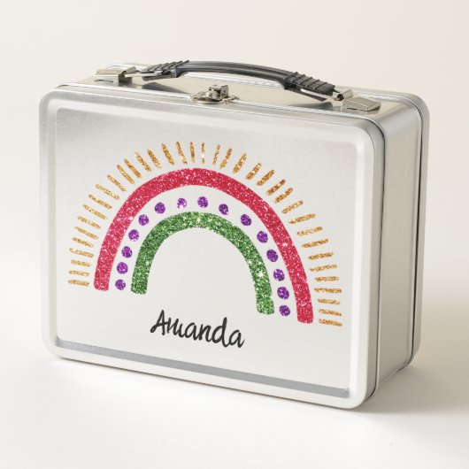 Glitter Regenboog Lunchbox - Gepersonaliseerde Naa (Voorkant)