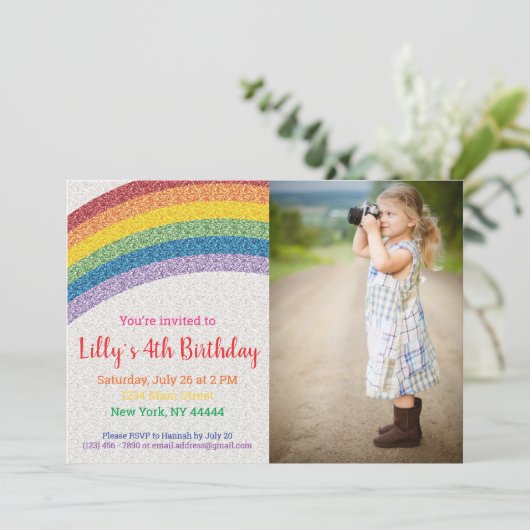 Glitter Regenboog Party, Verjaardag Foto Kaart (Staand voorkant)