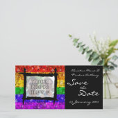 Glitter Regenboog Vlag Huwelijksgelijkheid Gay Pri Save The Date (Staand voorkant)