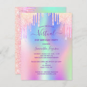 Glitter regenboogroze virtuele verjaardagsuitnodig briefkaart (Voorkant / Achterkant)